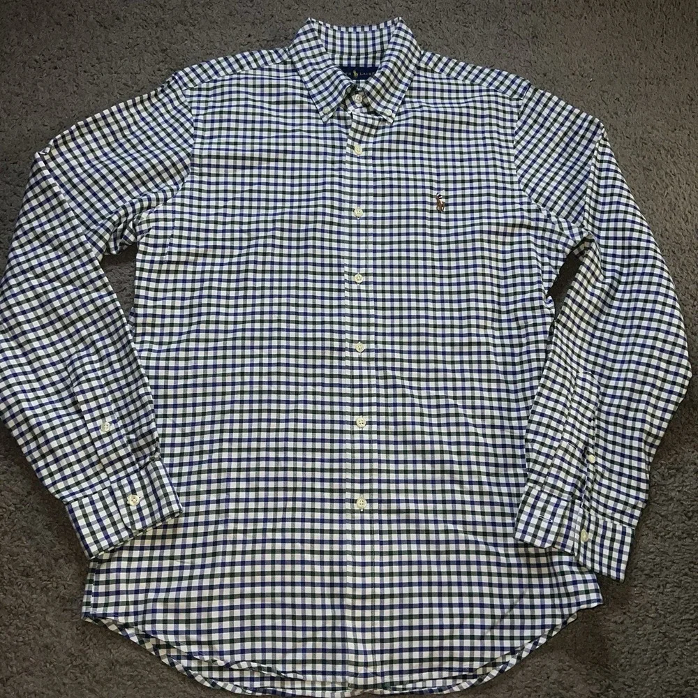 Polo Ralph Lauren Shirt Mens M Blue Green Flannel Button Up Long Sleeve